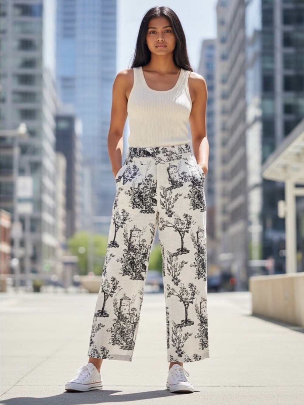 Joie 100% Linen House print Monochrome Pattern crop wide pants black/white Sz 12